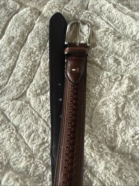 Tommy Hilfiger Brown Braided Leather Belt with Flag Accent